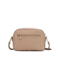 Borsa a tracolla in pelle marrone chiaro con superficie texturizzata, forma rettangolare, accessori dorati e tasca frontale con zip. Incluso cinturino regolabile.