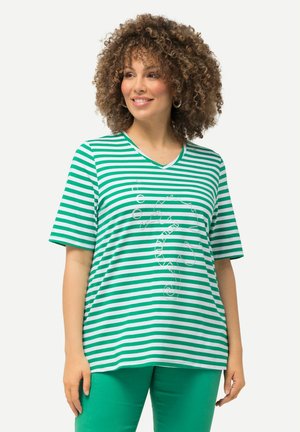 Grünes und weiß gestreiftes Baumwoll-T-Shirt mit V-Ausschnitt und gekürzten Ärmeln, versehen mit einem weißen Oktopus-Motiv auf der Vorderseite.