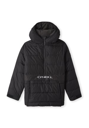 Chaqueta de plumas negra con capucha, media cremallera frontal y bolsillo tipo canguro. Presenta un diseño acolchado horizontal y el logo de O'Neill en el pecho.