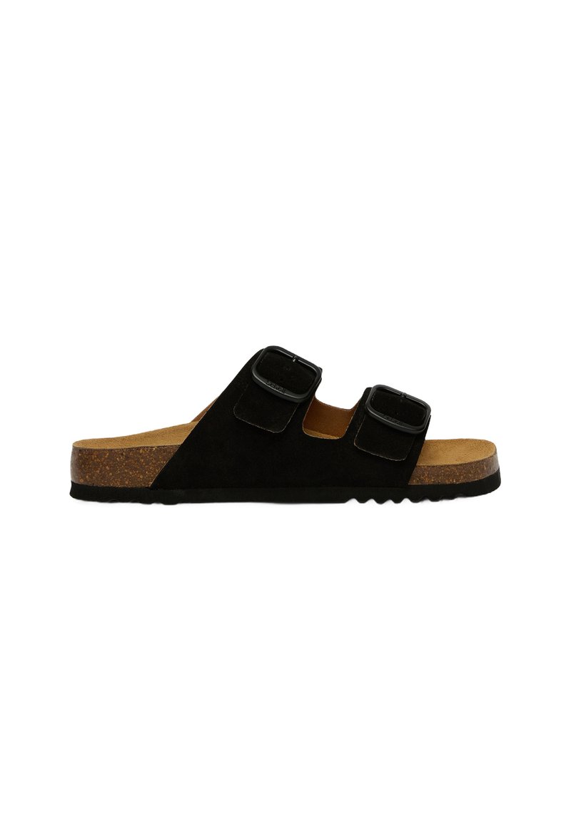 Svart mocka slide sandal med två justerbara spännen, korkfotbädd och texturerad svart gummisula.