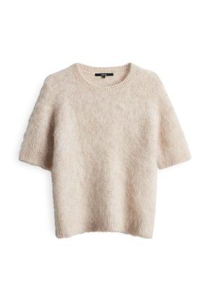 Pull à manches courtes en beige clair, fabriqué dans un matériau doux et duveteux. Il présente un col rond et une coupe décontractée. Aucun motif ni ornement.