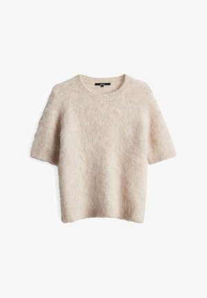 Kortemouwentrui in lichtbeige, gemaakt van zacht, fluffy materiaal. Heeft een ronde halslijn en een relaxte pasvorm. Geen patronen of versieringen.