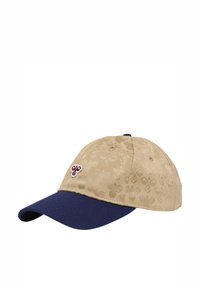 Baseballkappe mit einem beigen gemusterten Oberteil und einem marineblauen Schirm. Hat ein kleines gesticktes Logo auf der Vorderseite.