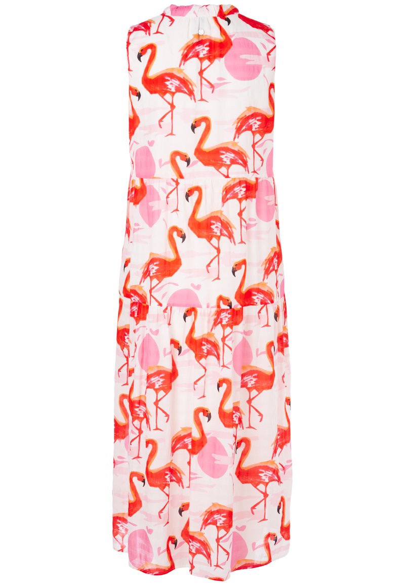 Ärmelloses, knielanges Kleid aus einem weißen Stoff mit einem lebhaften Muster aus pinken und roten Flamingos sowie kreisförmigen Akzenten. Leichtes und fließendes Design.