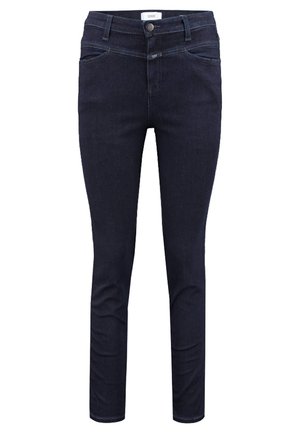 Dunkelblaue, hautenge Jeans aus Denim. Mit Knopfverschluss, Fronttaschen und Gürtelschlaufen. Glatte Textur mit minimalen Nähten.