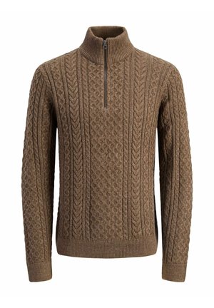 Maglione marrone a trecce con colletto alto e chiusura con zip a metà. Presenta motivi testurizzati sulla parte anteriore e polsini a coste.