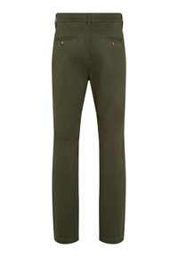 Oliwkowe spodnie chinos z bawełny, o prostych nogawkach, z dwoma tylnymi kieszeniami i subtelnymi detalami szwów.