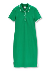 Grünes Polo-Kleid mit kurzen Ärmeln, einer Knopfleiste mit drei Knöpfen und weißer Paspelierung entlang des Kragens und der Ärmel. Seitenschlitze am Saum.