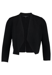 Cardigan court noir à devant ouvert, manches longues et col drapé, fabriqué en tissu lisse et léger.
