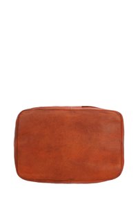 Brown leather rectangular bag with textured surface, visible stitching, and a flat bottom. Top view showcases the smooth, slightly worn finish.