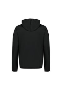 Giacca nera con cappuccio, tessuto liscio, maniche lunghe, design minimalista, senza hardware o accentuazioni visibili, vista posteriore mostrata.