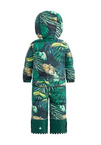 Tuta da neve tipo puffer colorata con stampa giungla. Presenta foglie verdi, tucani e leopardi. Include un cappuccio e polsini regolabili per il calore.