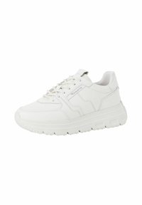 Vita atletiska sneakers med en kraftig sula, slät syntetisk läderöverdel, snörning och diskret logotyp på sidan. Rundad tådesign.