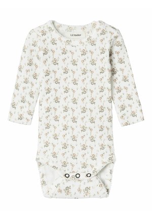 Bodysuit à manches longues blanc avec une texture côtelée, arborant un motif floral dans des tons de rose et de vert atténués, et des fermetures à pression au bas.