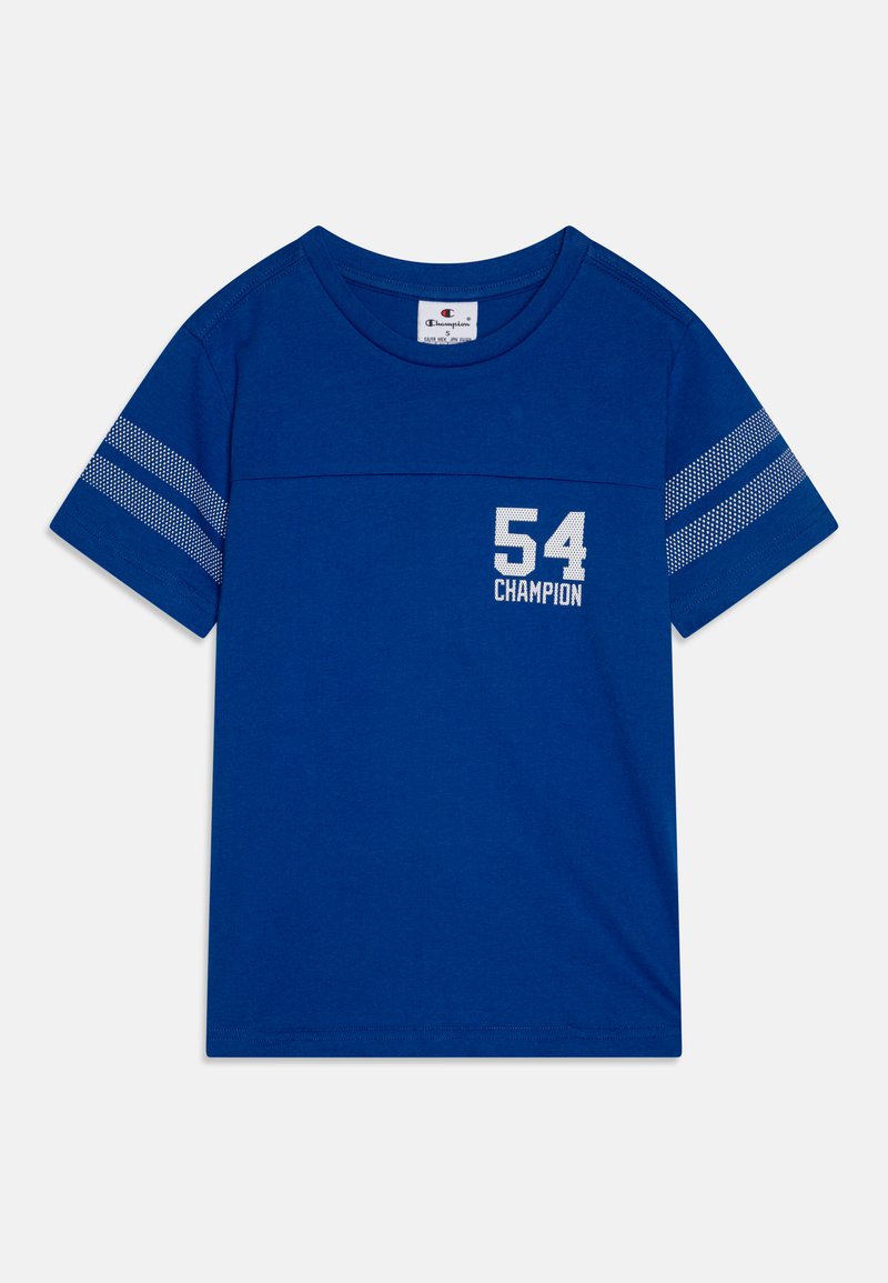 Blaues Baumwoll-T-Shirt mit Rundhalsausschnitt, kurzen Ärmeln und strukturierten weißen Streifen. Auf der Vorderseite wird "54" und "Champion" in weißer Schrift angezeigt.
