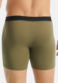 Olivgröna kalsonger med en svart texturerad midjeband och grå accentstickningar. Slät material, åtsittande form, midjehöjd till mitten av låret.