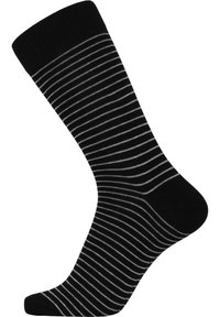 Black socks with thin white stripes, featuring a ribbed cuff at the top, made from a smooth fabric for comfort and flexibility.