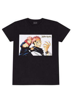 Svart bomull t-shirt med en grafisk tryck av två karaktärer från "Jujutsu Kaisen" med livliga färger och intrikata ansiktsdetaljer.