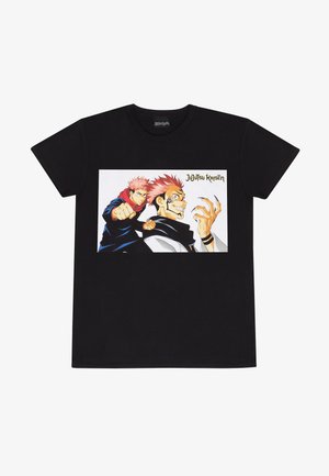 Zwarte katoen T-shirt met een grafische print van twee personages uit "Jujutsu Kaisen" in levendige kleuren en ingewikkelde gezichtsdetails.