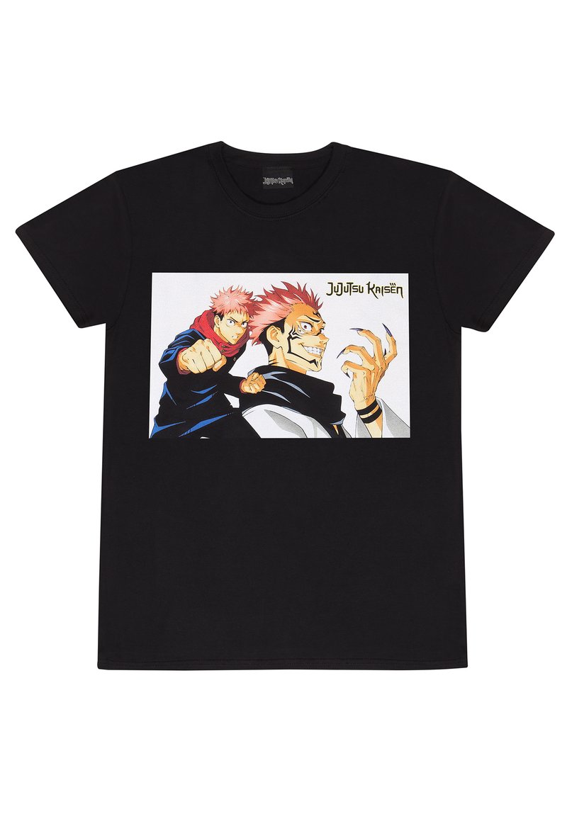 Zwarte katoen T-shirt met een grafische print van twee personages uit "Jujutsu Kaisen" in levendige kleuren en ingewikkelde gezichtsdetails.