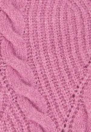 Tejido de punto en un suave tono rosa, con un patrón texturizado de líneas onduladas y elementos acanalados, que destaca una mezcla de calidez y profundidad.