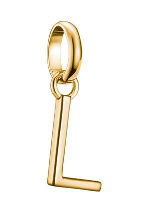 Goldfarbener Schmuckanhänger in Form des Buchstabens "L" mit glatter, polierter Oberfläche und rundem Befestigungsring.