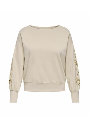 Beige sweatshirt met brede halslijn, ballonmouwen en gouden bloemenpatroon op de linker mouw. Zachte stof, geribbelde zoom en manchetten.