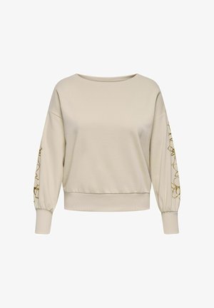 Beige sweatshirt met brede halslijn, ballonmouwen en gouden bloemenpatroon op de linker mouw. Zachte stof, geribbelde zoom en manchetten.