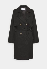 Cappotto trench a doppia petto nero con ampie alette frontali, vita cinte e bottoni dorati. Realizzato in tessuto liscio con maniche lunghe.