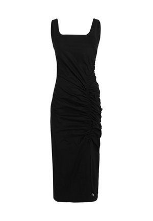 Black fitted dress with a square neckline, ruching on the side, knee-length, made of smooth fabric, featuring a drawstring detail.