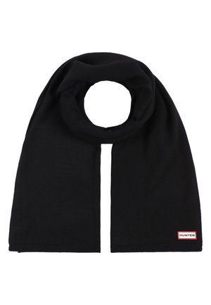 Zwarte gebreide sjaal opgevouwen met Hunter-logo label vastgenaaid aan één uiteinde tegen een witte achtergrond.