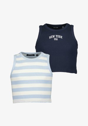 To sømløse crop tops: en marineblå med "NEW YORK USA" trykt, og en lyseblå med hvide striber. Ribbet tekstur, bomulds materiale.
