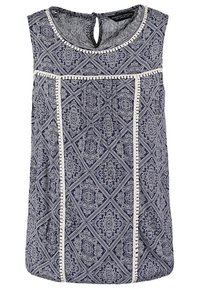 Mörkblå ärmlös topp med ett geometriskt vitt mönster, prydd med spetskant längs sömmarna och en liten nyckelhålsöppning baktill.