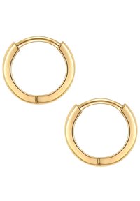 Gold hoop earrings with a polished finish; circular shape with a smooth texture and a secure closure at the top.