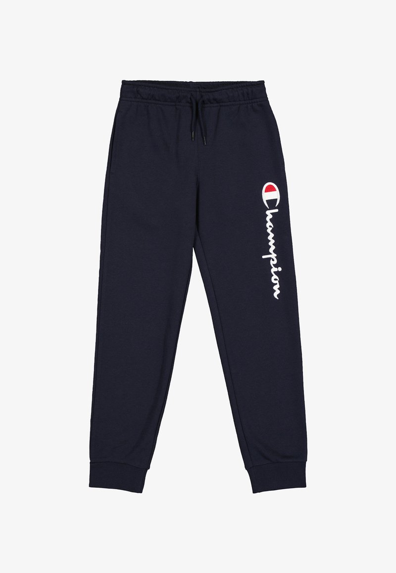 Pantaloni della tuta blu navy realizzati in tessuto misto cotone, con vita elastica, coulisse e logo bianco "Champion" sulla gamba sinistra.