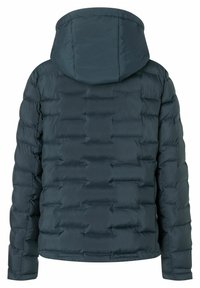 Dunkelblaue Steppjacke mit Kapuze, mit einem gesteppten Design und elastischen Bündchen. Das Material wirkt glatt mit matter Oberfläche.