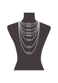 Guida alla lunghezza della collana su un manichino, che mostra otto linee per le misurazioni: 35 cm, 40 cm, 45 cm, 50 cm, 55 cm, 60 cm, 70 cm, 80 cm.