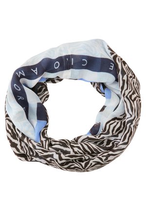Sciarpa infinita azzurro chiaro e nera con strisce zebrate e testo parzialmente visibile sul tessuto.