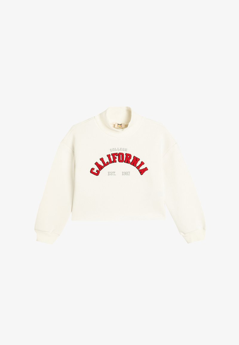 Witte crop sweatshirt met een geribbelde ronde hals. Bevat rode geborduurde tekst: "COLLEGE CALIFORNIA EST. 1987" in een gebogen ontwerp.