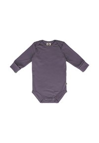 Body a maniche lunghe viola realizzato in tessuto morbido, dotato di scollatura tonda e chiusure a scatto sul fondo per facilitare il vestimento.