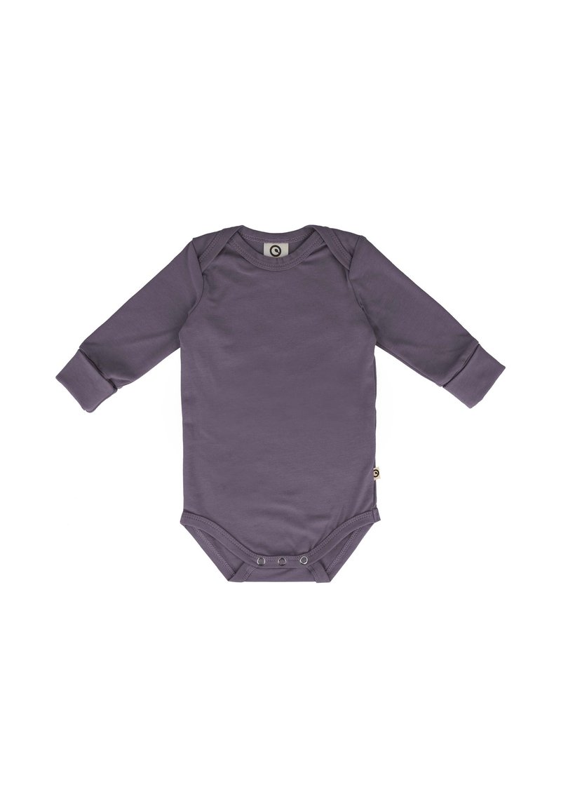 Body a maniche lunghe viola realizzato in tessuto morbido, dotato di scollatura tonda e chiusure a scatto sul fondo per facilitare il vestimento.
