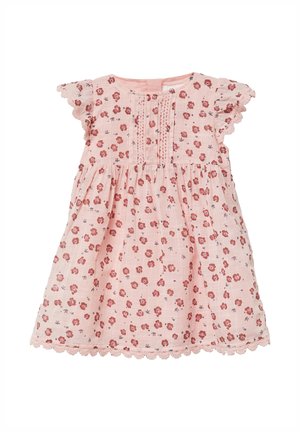 Florales Kurzarmkleid aus leichtem pinkfarbenem Stoff, mit gerafftem Rock, Spitzenbesatz und dekorativen Nähten am Oberteil.