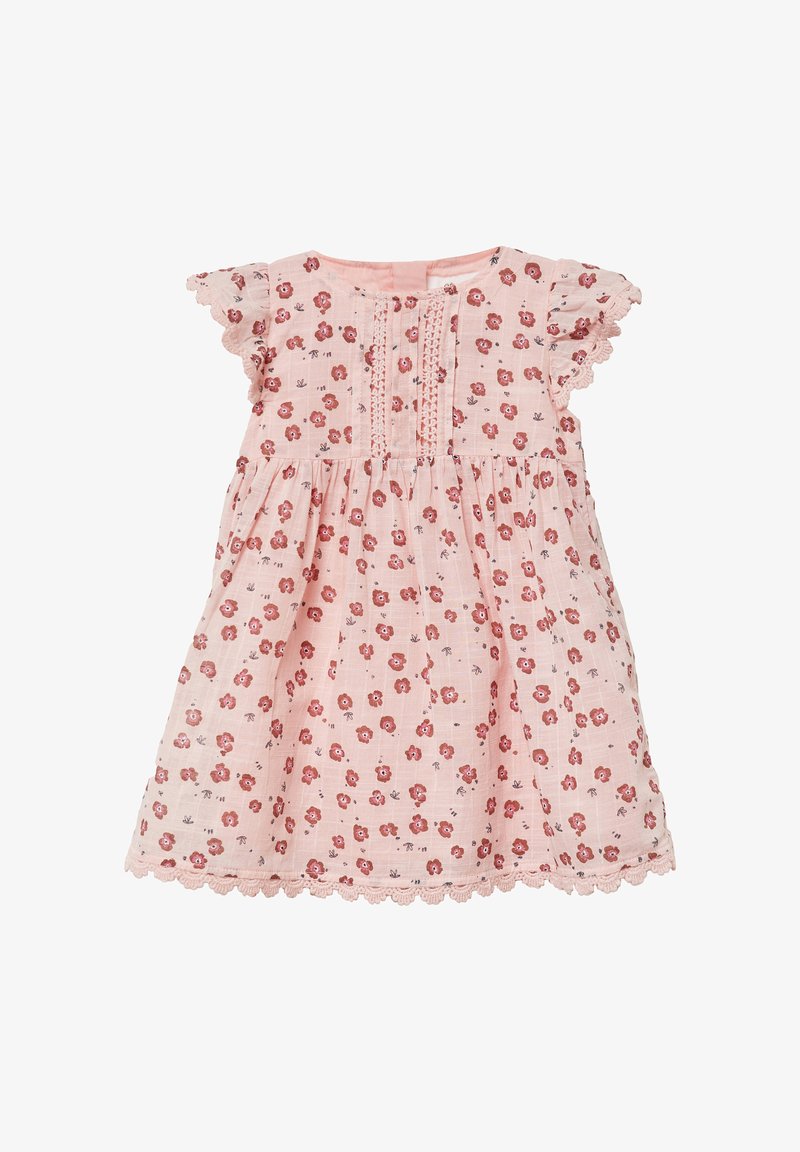 Florales Kurzarmkleid aus leichtem pinkfarbenem Stoff, mit gerafftem Rock, Spitzenbesatz und dekorativen Nähten am Oberteil.