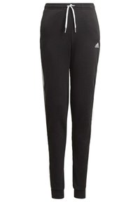 Pantalones de chándal negros con cintura ajustable, que cuentan con franjas laterales blancas. Hechos de un tejido suave, con piernas ajustadas y puños acanalados.