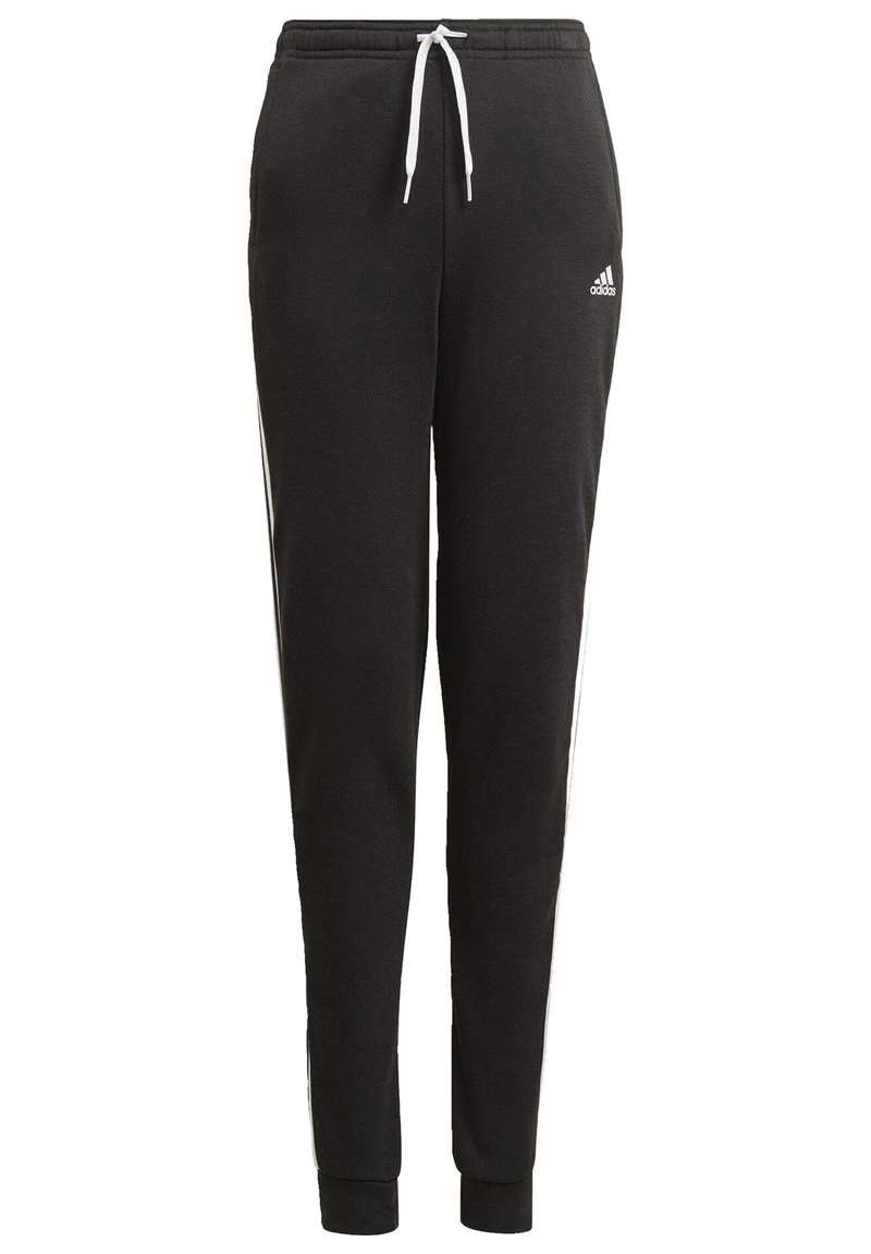 Pantalones de chándal negros con cintura ajustable, que cuentan con franjas laterales blancas. Hechos de un tejido suave, con piernas ajustadas y puños acanalados.