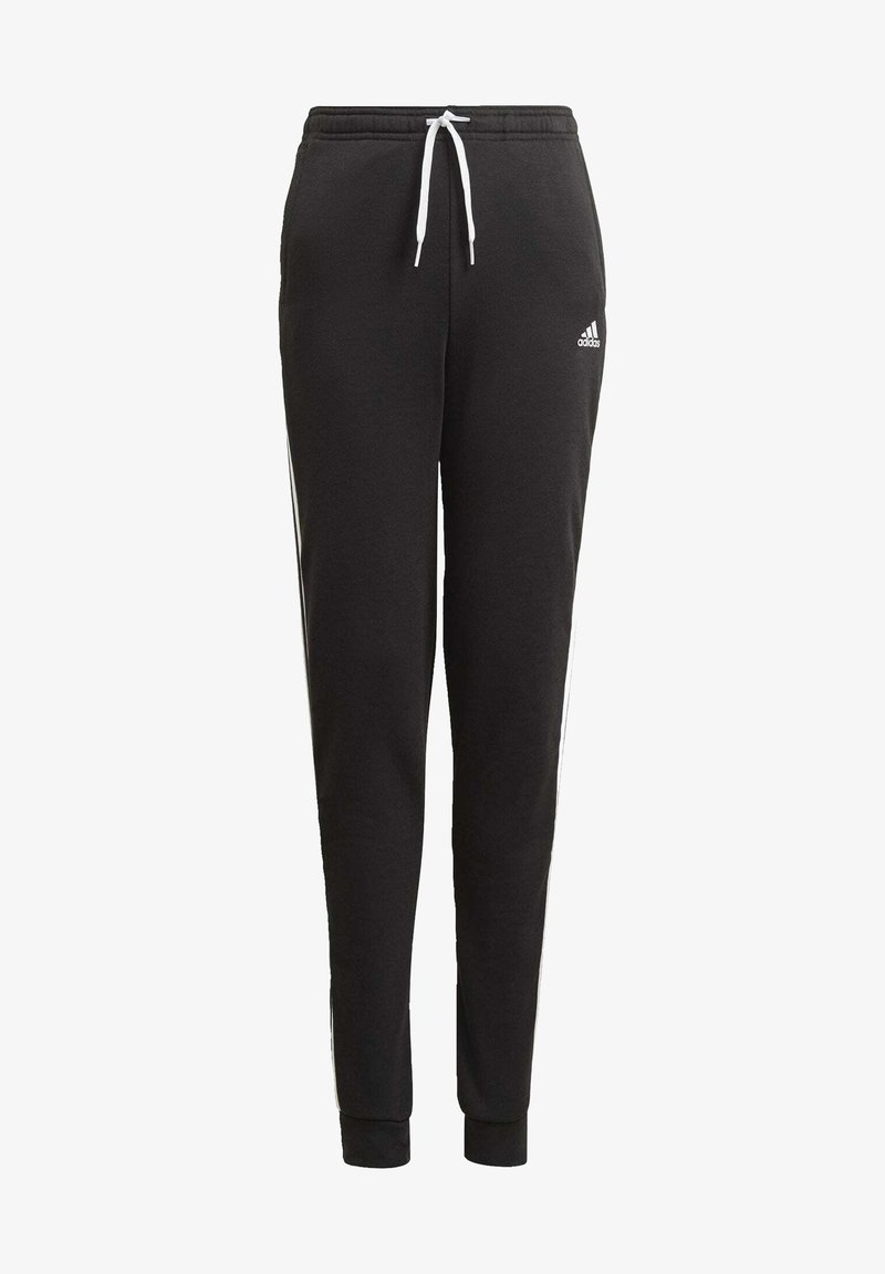 Pantalones de chándal negros con cintura ajustable, que cuentan con franjas laterales blancas. Hechos de un tejido suave, con piernas ajustadas y puños acanalados.