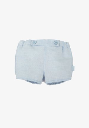 Pantalones cortos de algodón azul claro con cintura elástica, dos botones y detalles de dobladillo con volantes. Textura simple y lisa con diseño minimalista.