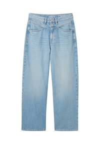 Lyseblå jeans med høj talje, dobbelte knapper, forlommer, bæltestropper og lige ben.