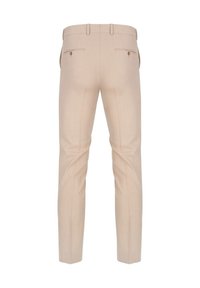 Beżowe spodnie o dopasowanym kroju z gładką fakturą, wąskie nogawki, dwie tylne kieszenie oraz subtelnymi detalami szwów, widok z tyłu.