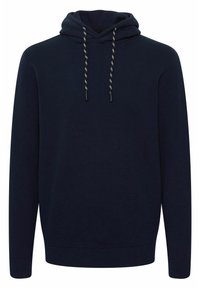 Sweat à capuche bleu marine avec cordon de serrage, poignets et ourlet côtelés, fabriqué en tissu doux. Présente un accent blanc contrastant sur les cordons.